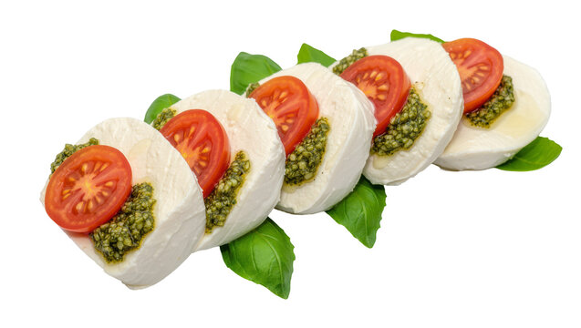 Fresh mozzarella slices with tomato and pesto, isolated on transparent background