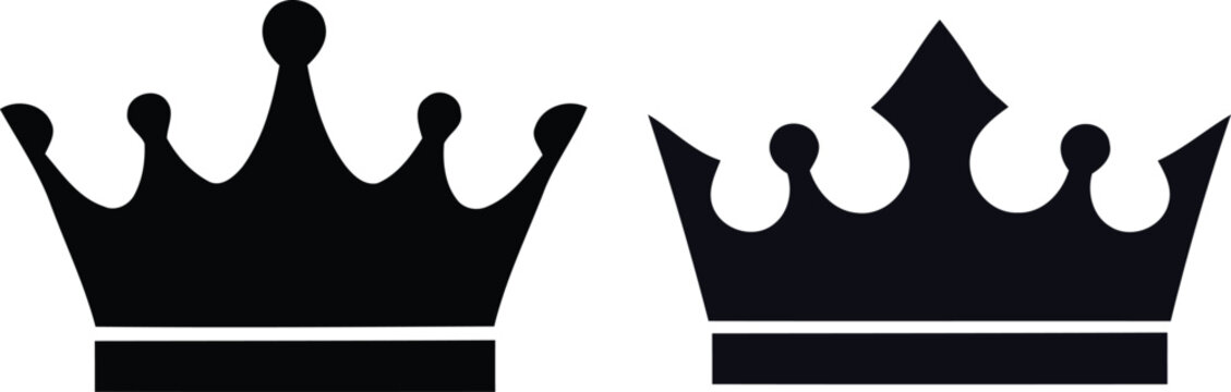 Two black silhouette crown icons isolated on a white background for royal and luxury design projects