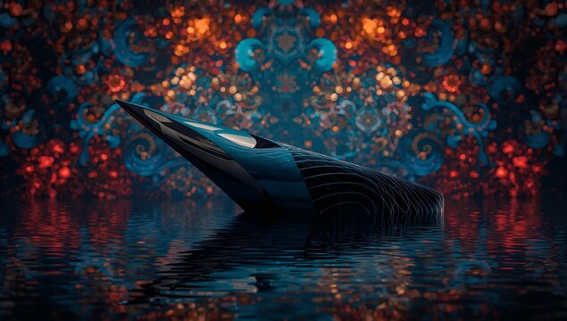 Futuristic sleek aerodynamic sculpture emerging from dark reflective water with vibrant bokeh and ornate background
