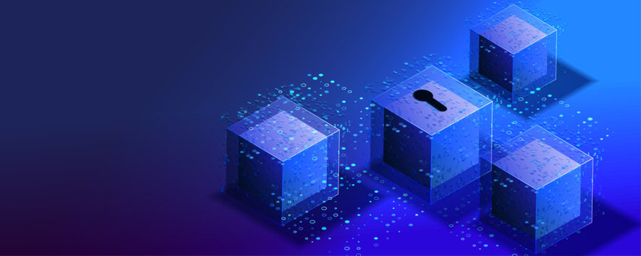 Isometric concept of AI blockchain cyber security. Data center secure with padlock and cubes vector design. Technology blockchain protection of system privacy on blue background.