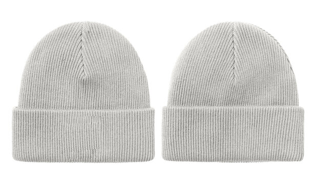 Plain Beanie Hat Mockup Template, Blank Knit Winter Cap on White Background
