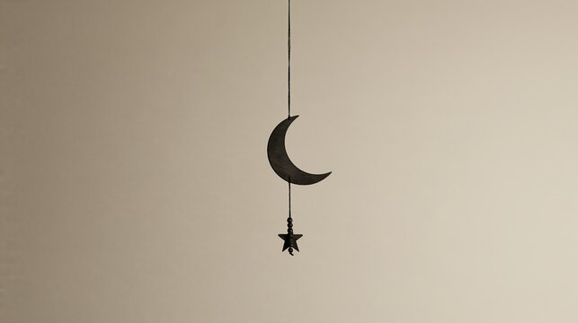 Islamic crescent ornament with prayer beads, beige backdrop.