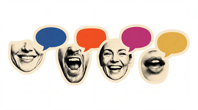 Speech bubbles with expressive halftone faces in vintage collage cutouts, featuring colorful message balloons, open mouths, and laughing smiles for creative communication designs