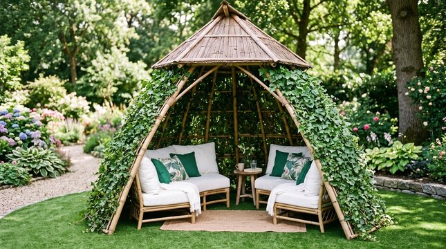 Modern garden gazebo with comfortable patio seating area illustration