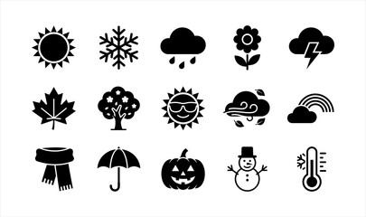 Fototapeta premium Weather and climate icon set featuring seasonal elements and meteorological symbols meteorology snowflake lightning temperature thermometer umbrella environment