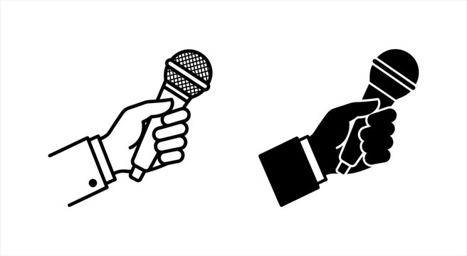 Two styles of icon showing a human hand holding a broadcast microphone for interviews and public speaking with media production graphic design microphone interview