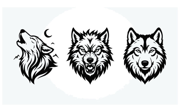 Set of three black and white wolf head illustrations featuring howling and aggressive expressions for creative design projects