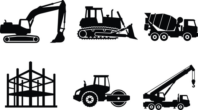 Black silhouette set of excavator, bulldozer, cement mixer truck, road roller, mobile crane and steel building frame isolated on white for construction design