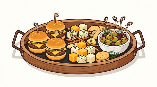 Appetizer platter with mini burgers cheese and olives