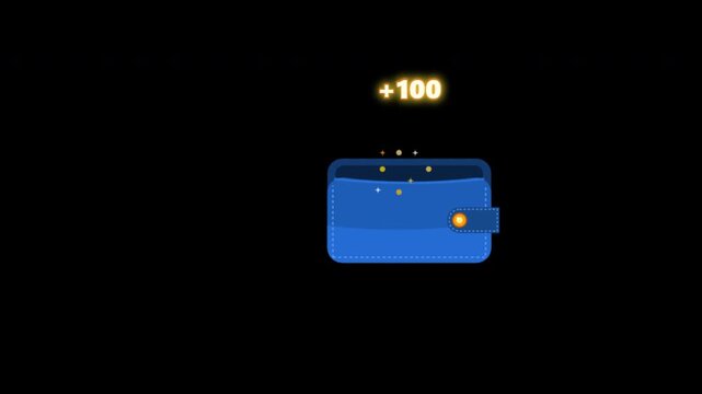 Gold coins falling into a blue wallet on black background