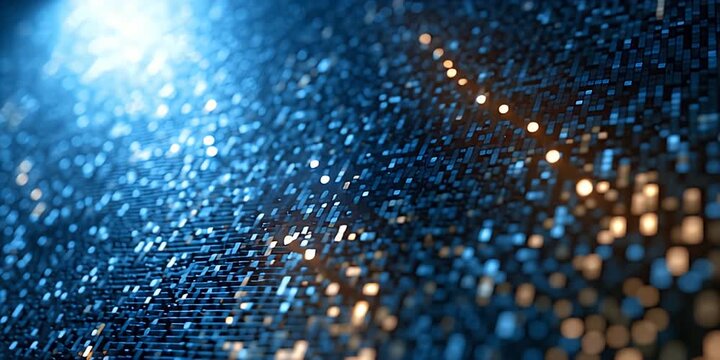 Abstract blue and gold digital grid with bokeh highlights