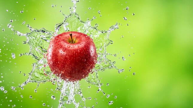 Red apple falling into water creating a large splash, green background