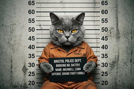 Humorous portrait of a grey British Shorthair cat with golden eyes, wearing an orange prison jumpsuit and holding a mugshot sign. Funny fictional crime, grand theft kibble and creative pet photography