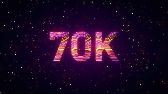 Dynamic 3D animation of a rotating 70K number with flowing purple, yellow, and magenta light trails, glowing particles, and cosmic sparkles creating a futuristic digital achievement scene.