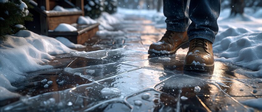 Person walking on icy sidewalk in winter boots after fresh snowfall  