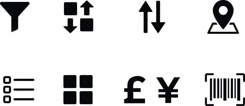 Online shop filter and navigation icon set vector concept of sorting order location map view list currency and barcode scanner   