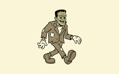 Vintage style illustration of a walking frankenstein monster character isolated on transparent background © Shanta Akter Ahk