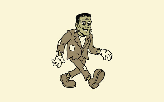 Vintage style illustration of a walking frankenstein monster character isolated on transparent background