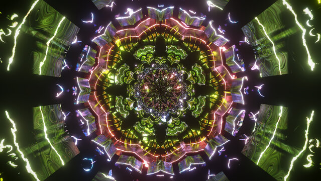 Green and purple floral mandala with luminous radial symmetry