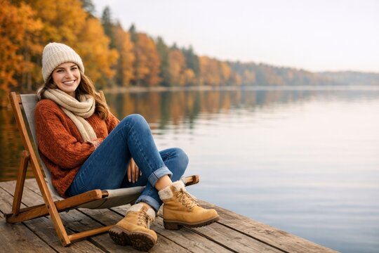 Woman relaxing on a lakeside dock in autumn wearing knit hat sweater and boots for travel background or seasonal banner design