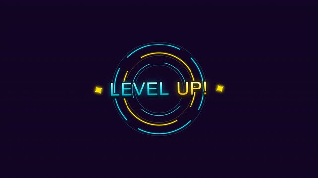 Level up gaming text with neon effects and retro sunburst backgrounds