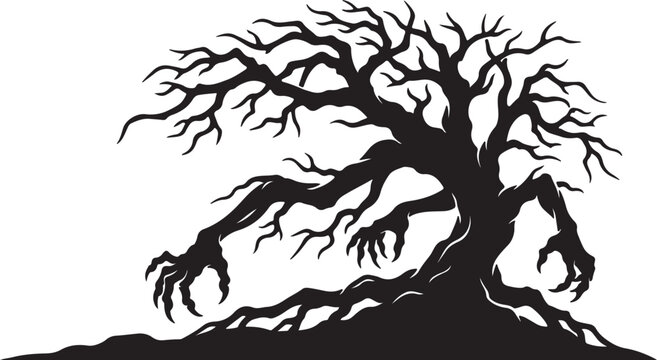Terrifying Tree Monster With Claw Hands Spooky Silhouette on White background. Hand drawn and vector horror emblem designs. Great for shirts, stamps, stickers, logos, and labels, t shirt design,