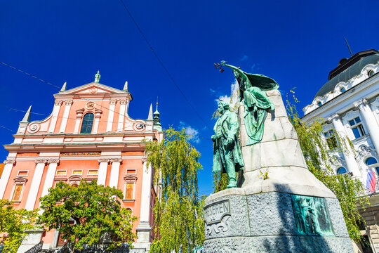 Franciscan church and statues on Preseren square in Ljubljana, capital of Slovenia