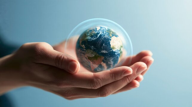Human hands cradling a glowing globe inside a transparent sphere, environmental protection concept.