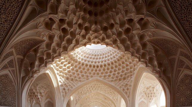 Ornate vaulted ceiling with intricate geometric plasterwork, traditional architectural detail.