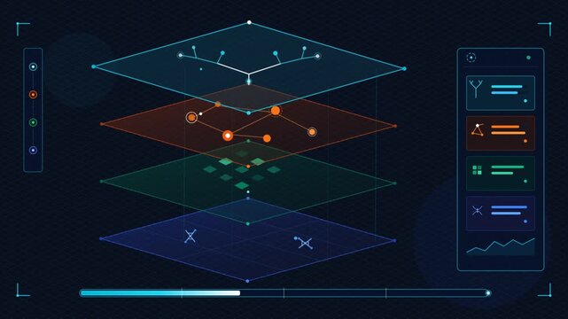 Digital data layers visualization featuring isometric technology dashboard interface with network nodes for cybersecurity software