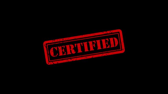 Red certified rubber stamp animation on black background, approval and assurance concept