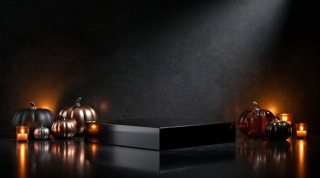 A black display pedestal for products surrounded by pumpkins and burning candles against a dark textured wall with a dramatic spotlight effect