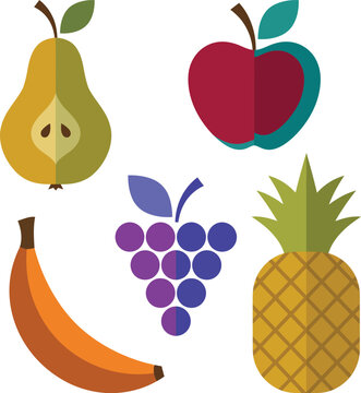 Set of colorful flat vector icons of various fruits including pear apple grapes banana and pineapple