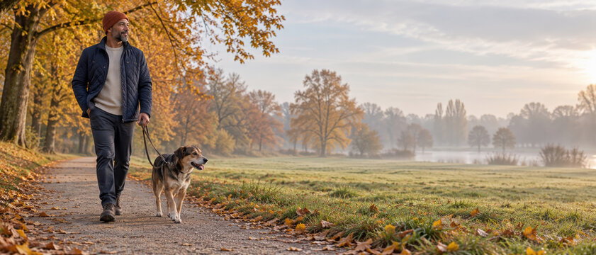 Senior Caucasian man walking dog on leash along dirt path crisp autumn morning journey, golden park forest landscape wearing warm knit hat with jacket while enjoying peaceful seasonal nature vibe