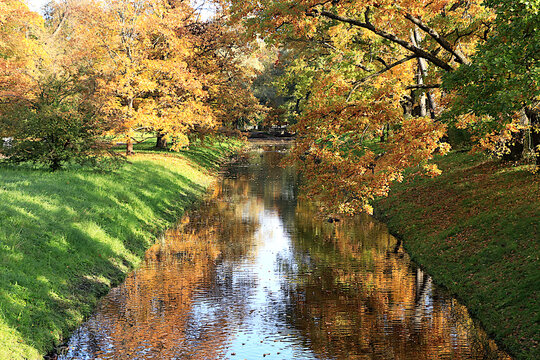 Autumn park in Russia in September,Lake surrounded by red and yellow foliage, with its reflection in the water on sunny day. picturesque autumn park landscape,vibrant autumn banner,