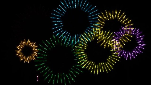 Colorful neon fireworks display animation on black background