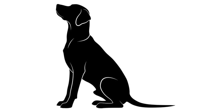Black dog vector silhouette featuring a sitting Labrador Retriever with white contour lines on an isolated backdrop