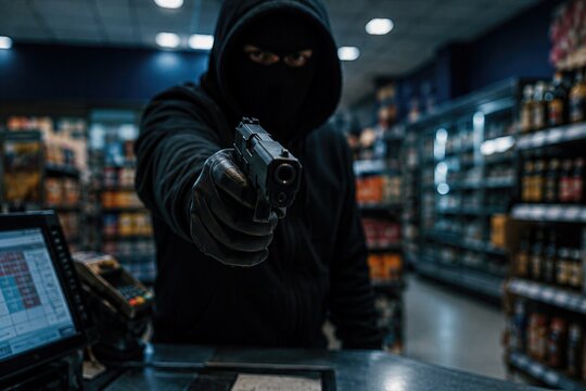 Masked Armed Robber Pointing Gun at Store Checkout Counter, Convenience Store Robbery, Crime, Theft, Security Risk and Law Enforcement Concept