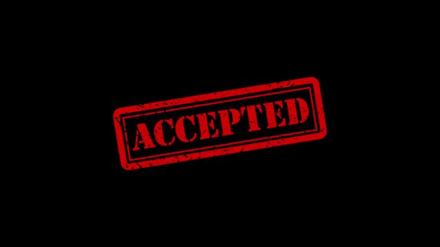 Red accepted rubber stamp animation on black background, for business approval, and validation