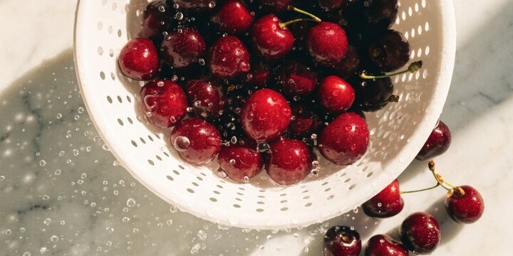 Wash vegetables and fruits for healthy eating concept. Fresh ripe cherries draining in a white colander with some cherries scattered on a marble surface.