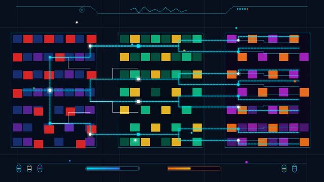 Abstract data visualization interface showing network connectivity and digital processing with colorful squares and connecting lines