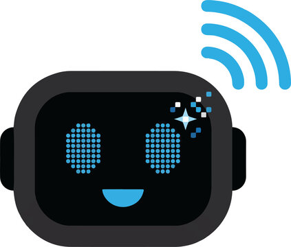 Friendly AI robot head with blue digital face, chatbot assistant icon for customer service, smart technology character with wireless signal