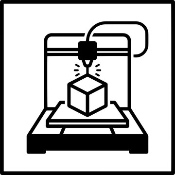 Minimalist 3D printer icon, black and white additive manufacturing graphic symbol, modern industrial technology printing device vector element