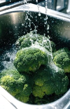Wash vegetables and fruits for healthy eating concept. Fresh broccoli being washed under running water in a kitchen sink.