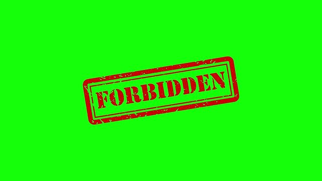 Forbidden red rubber stamp animation on green screen, grunge style warning sign for restriction and censorship