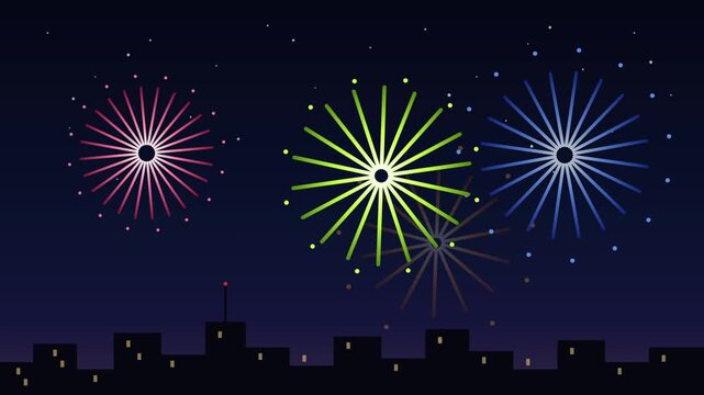 Colorful animated fireworks explode in bright bursts over a dark city skyline at night in a flat 2D motion graphics celebration display, a festive holiday animation with glowing stars.