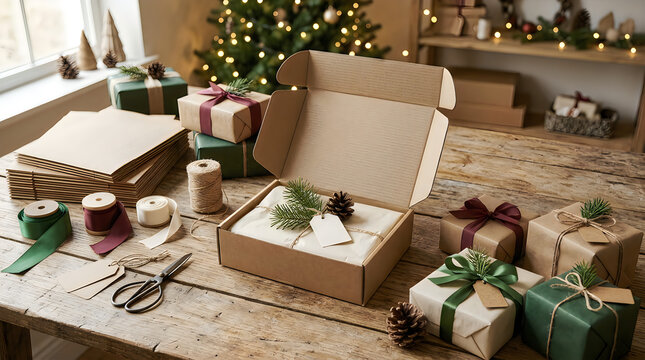 Open cardboard box with christmas gifts and wrapping paper on a rustic wooden table by the tree