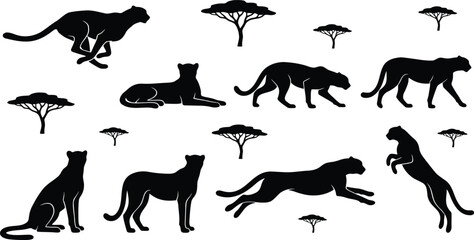 Fototapeta premium Cheetah Silhouettes Set with Acacia Trees, Depicting Various Poses and Actions Featuring Animal, Wildlife