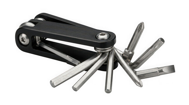 A highly detailed studio shot of a black multi tool with multiple screwdriver bits fully extended on a clear backdrop
