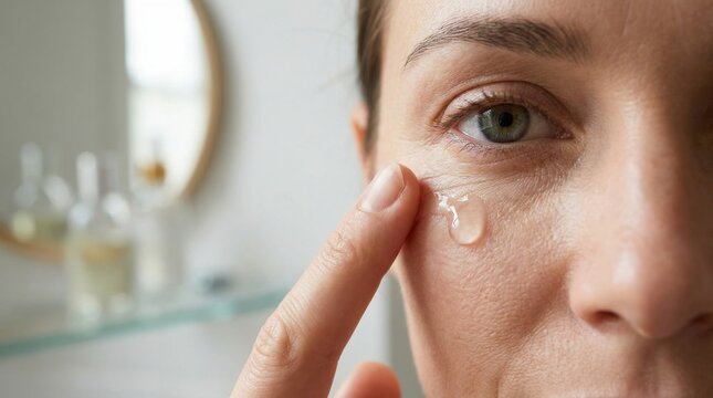 Eye Skincare: Woman applying serum gently beneath her eyes in a bright bathroom